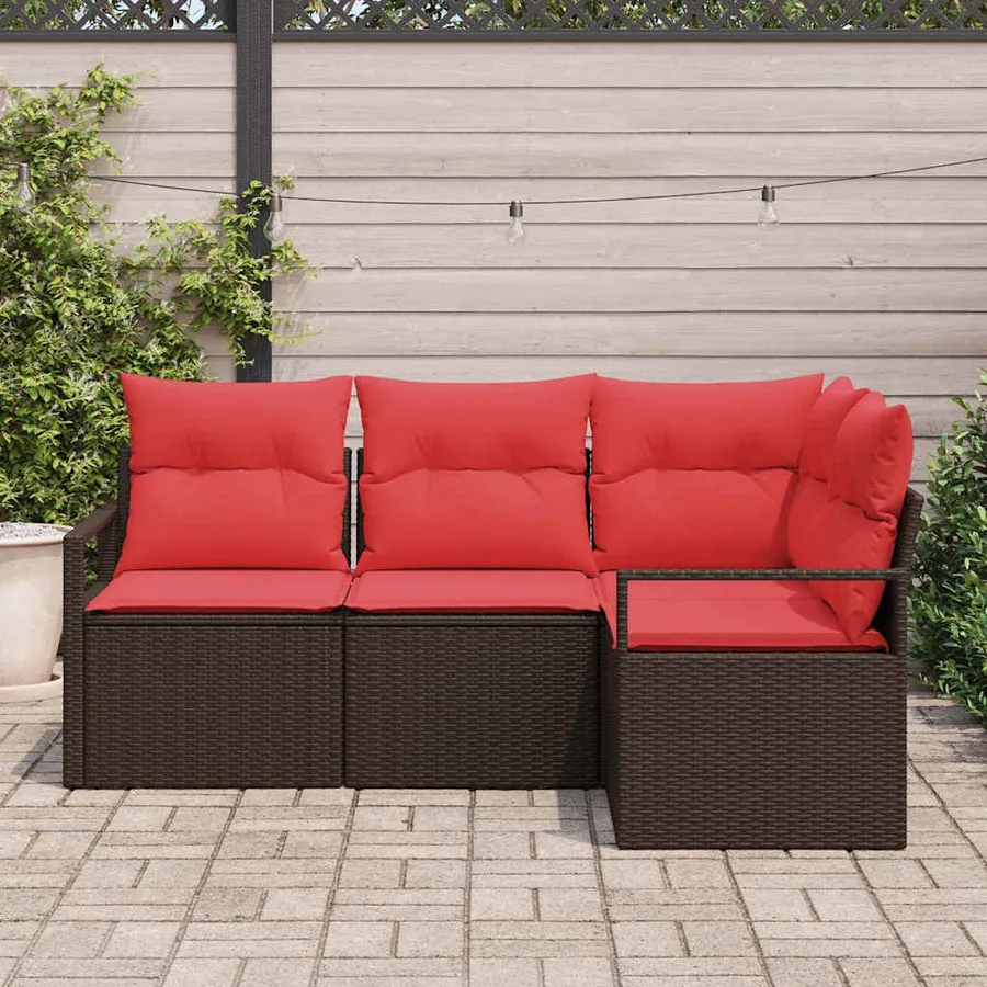 Ensemble de canapé de jardin 4 pcs Marron et rouge polyrotin - 3