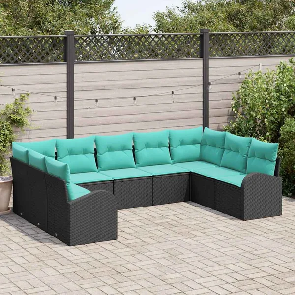 Ensemble de canapé de jardin 9 pcs Noir et turquoise polyrotin