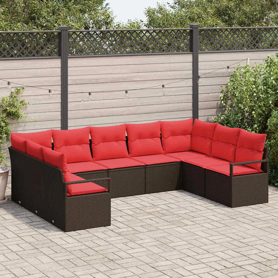 Ensemble de canapé de jardin 9 pcs Marron et rouge polyrotin