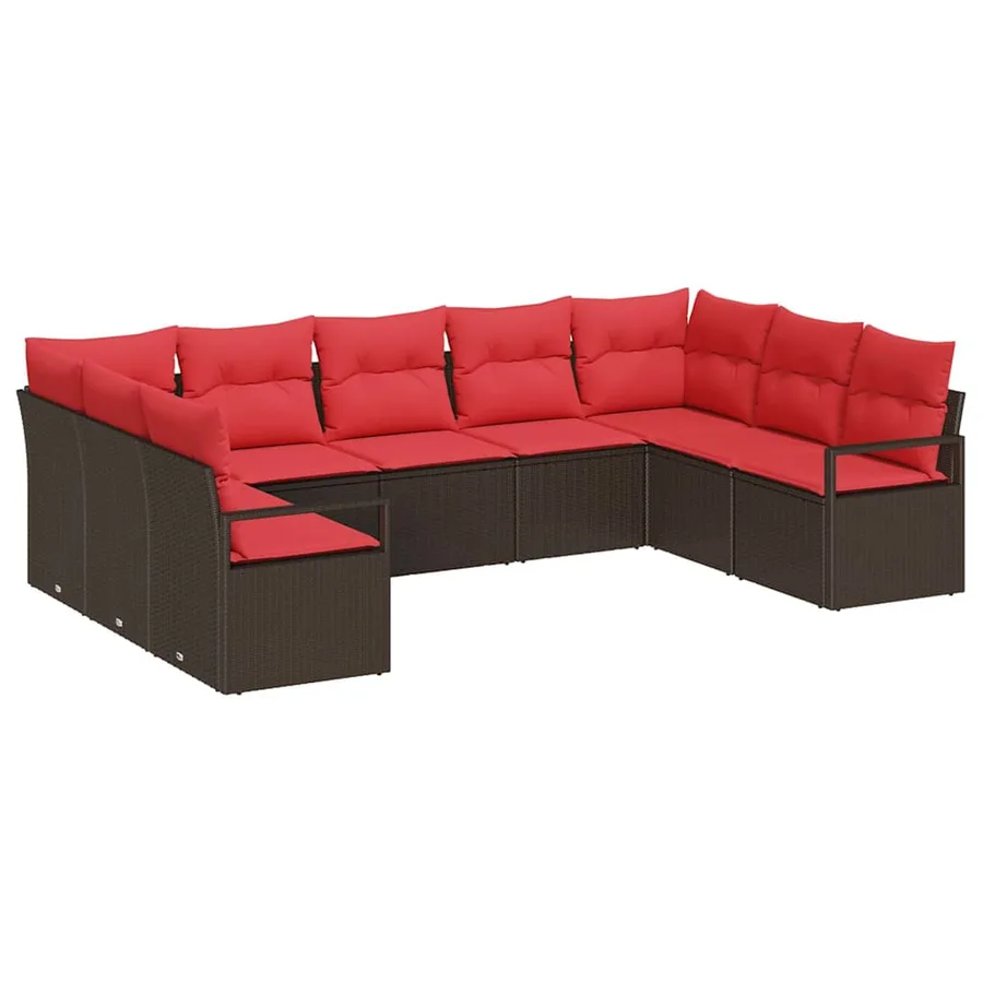 Ensemble de canapé de jardin 9 pcs Marron et rouge polyrotin - 2