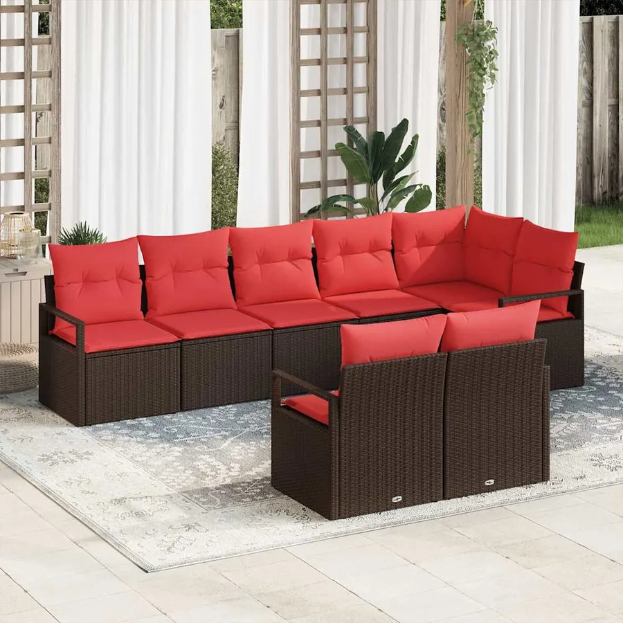 Ensemble de canapé de jardin 8 pcs Marron et rouge polyrotin