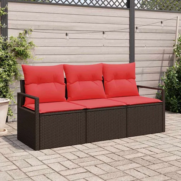 Ensemble de canapé de jardin 3 pcs Marron et rouge polyrotin