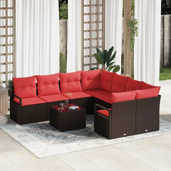 Ensemble de Canapés avec coussin 9 pcs Beige et Rouge polyrotin