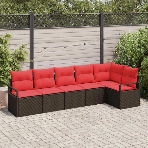 Ensemble de canapé de jardin 6 pcs Marron et rouge polyrotin