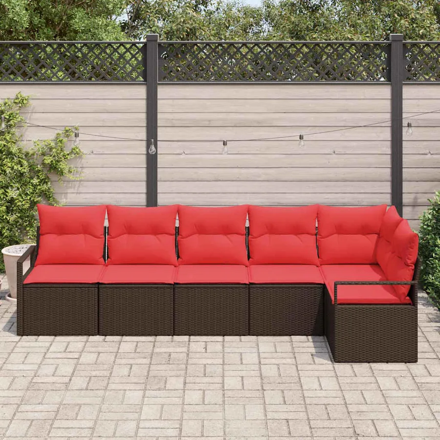 Ensemble de canapé de jardin 6 pcs Marron et rouge polyrotin - 3