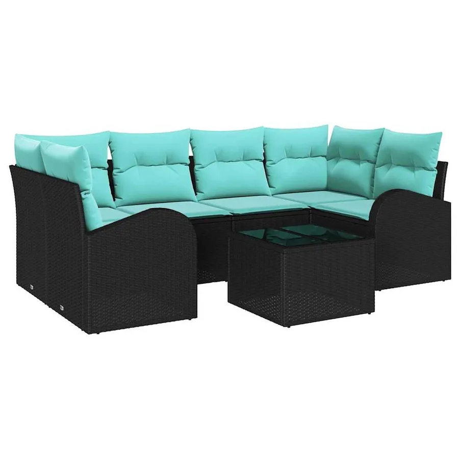 Ensemble de canapé de jardin 7 pcs Noir et turquoise polyrotin - 2