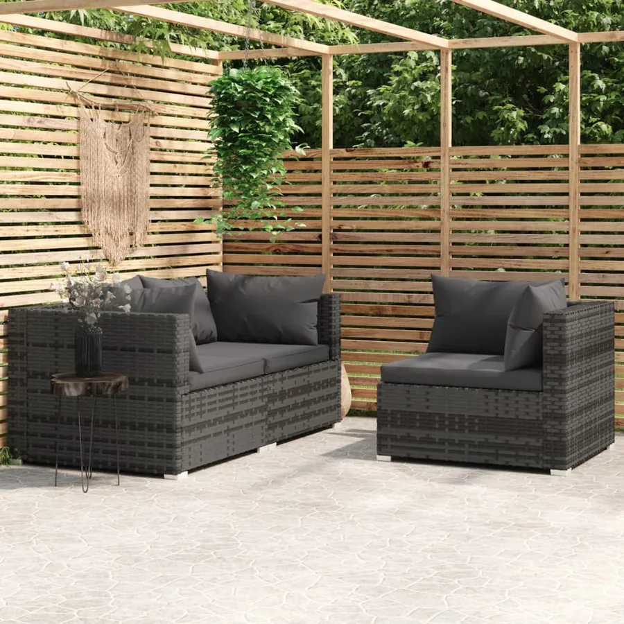 Salon de jardin 3 pcs avec coussins Gris Résine tressée