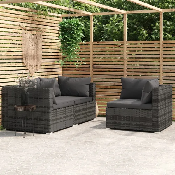 Salon de jardin 3 pcs avec coussins Gris Résine tressée