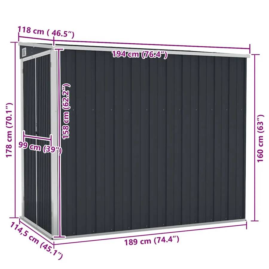 Abri de jardin mural Anthracite 118x194x178 cm Métal - 7