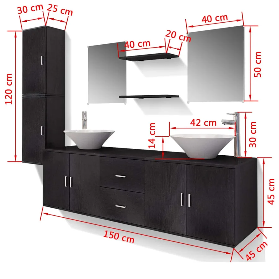 Meuble de salle de bain 11 pcs avec lavabo et robinet Noir - 12