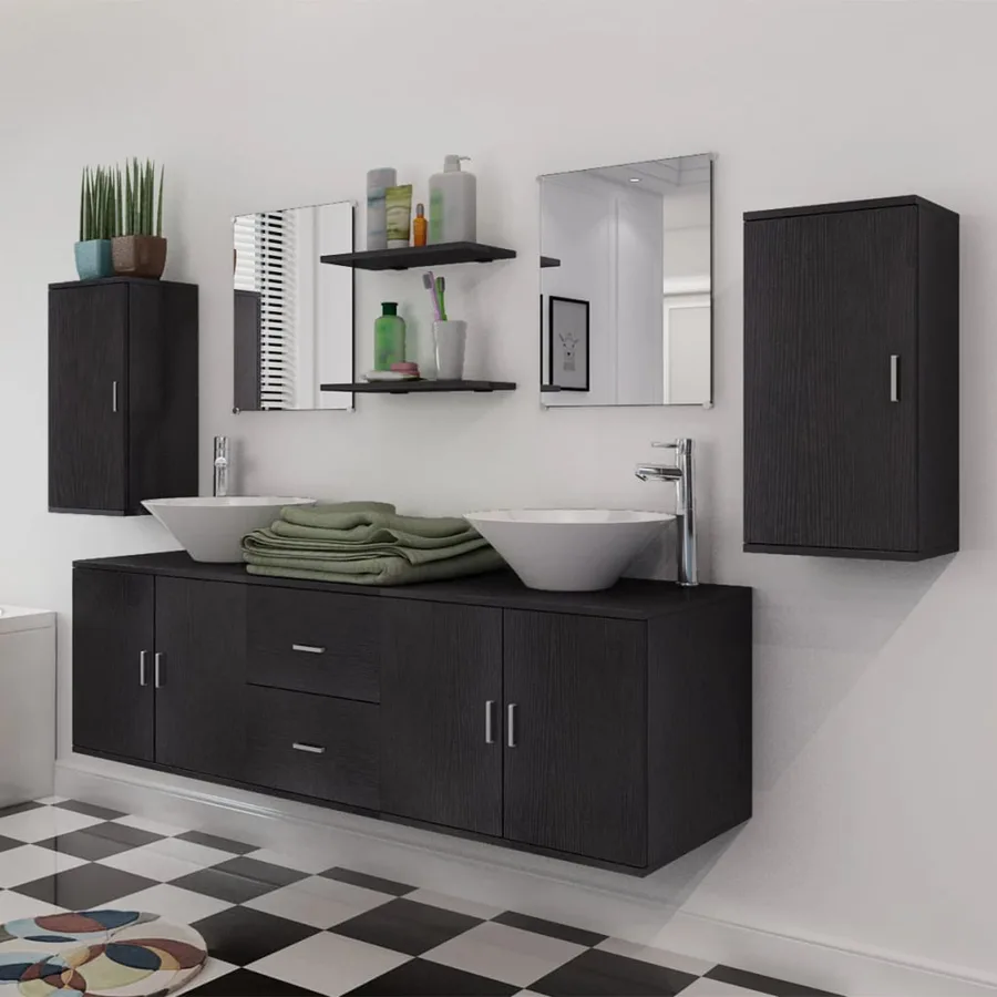 Meuble de salle de bain 11 pcs avec lavabo et robinet Noir - 3