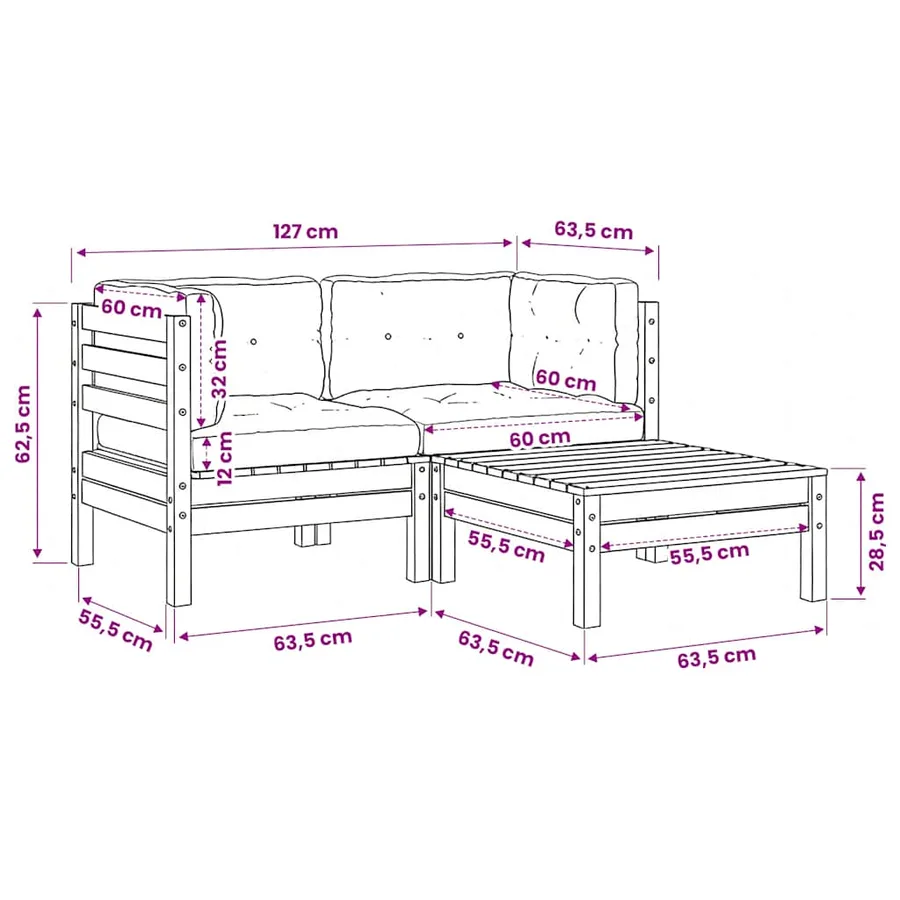Salon de jardin 3 pcs avec coussins Blanc Bois de pin massif - 12