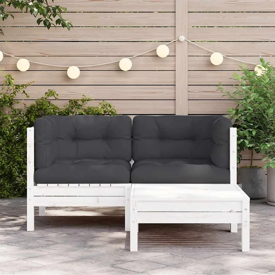Salon de jardin 3 pcs avec coussins Blanc Bois de pin massif - 3