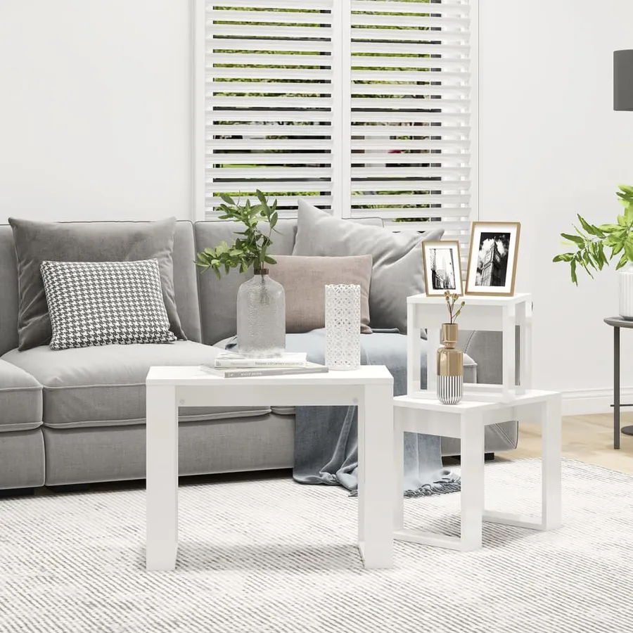 Tables gigognes 3 pcs Blanc brillant Bois d'ingénierie - 3