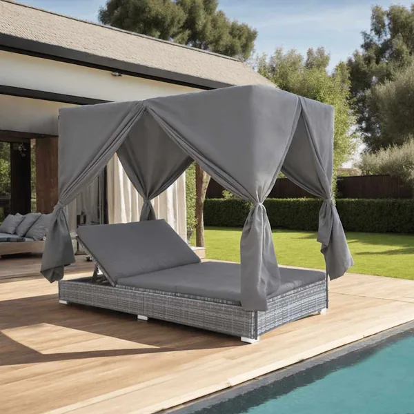 Chaise longue d'extérieur avec rideaux Résine tressée Gris
