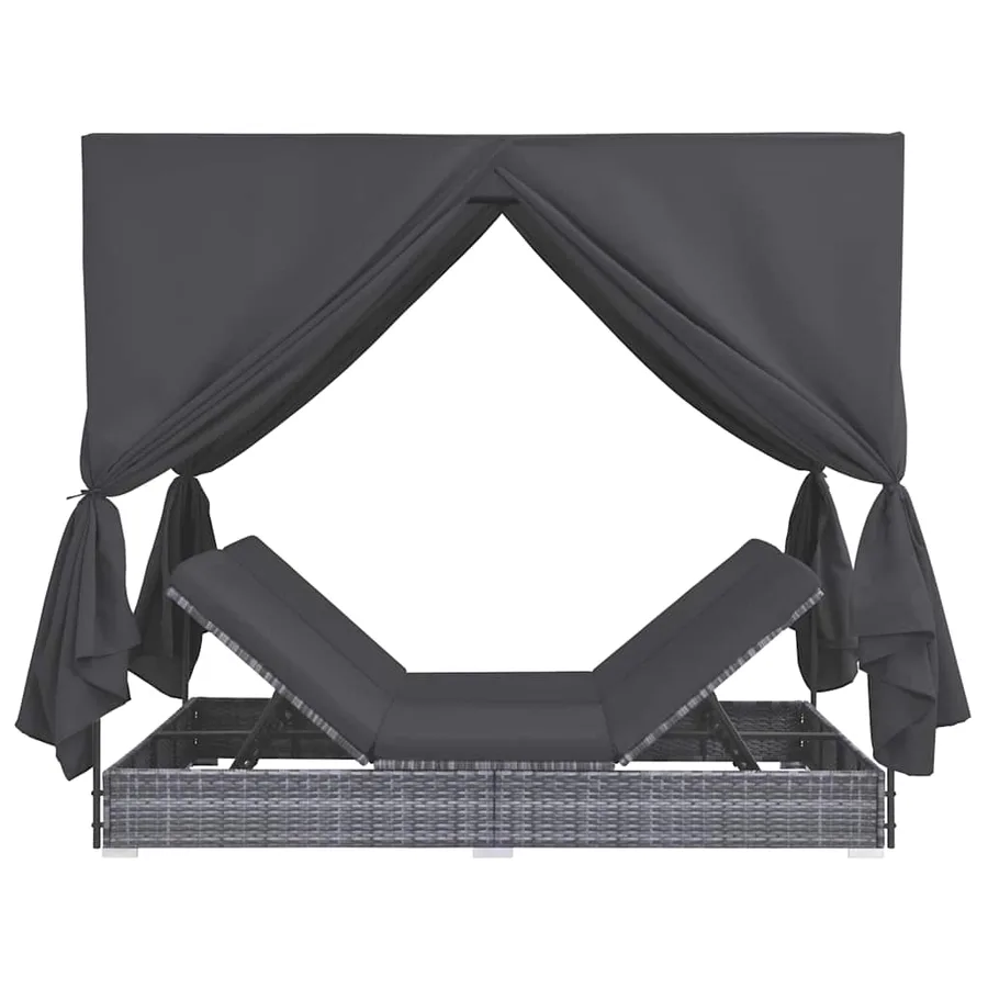 Chaise longue d'extérieur avec rideaux Résine tressée Gris - 4