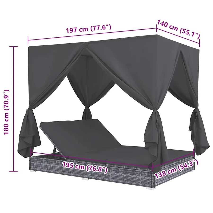 Chaise longue d'extérieur avec rideaux Résine tressée Gris - 8
