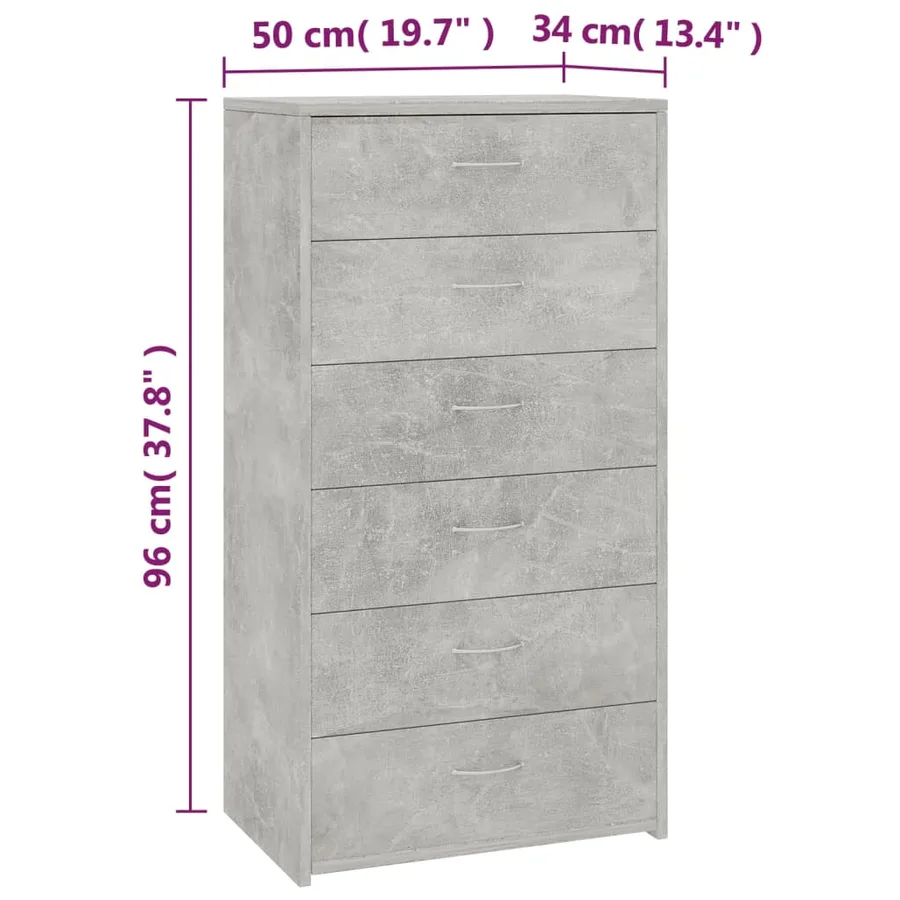 Buffet avec 6 tiroirs Gris béton 50x34x96 cm Bois d'ingénierie - 6