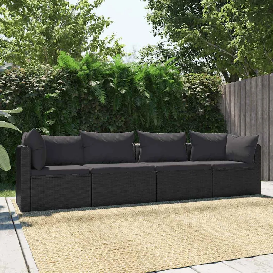 Canapés de jardin 4 pcs avec coussins Résine tressée Noir