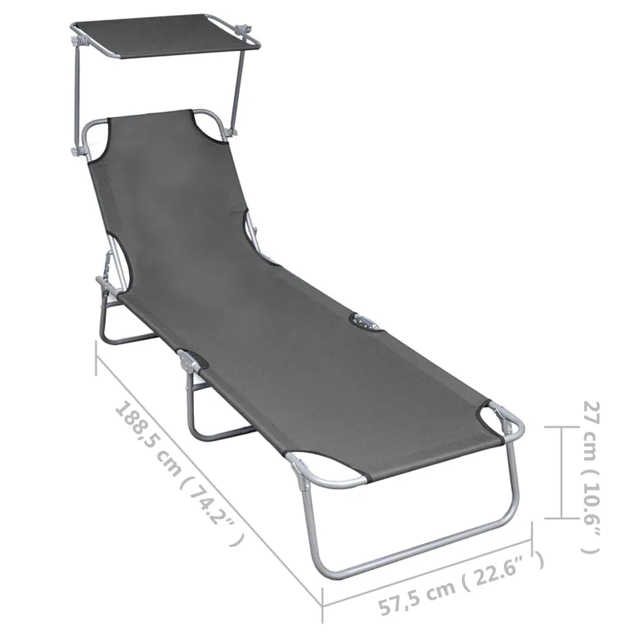 Chaise longue pliable avec auvent Noir Aluminium - 46