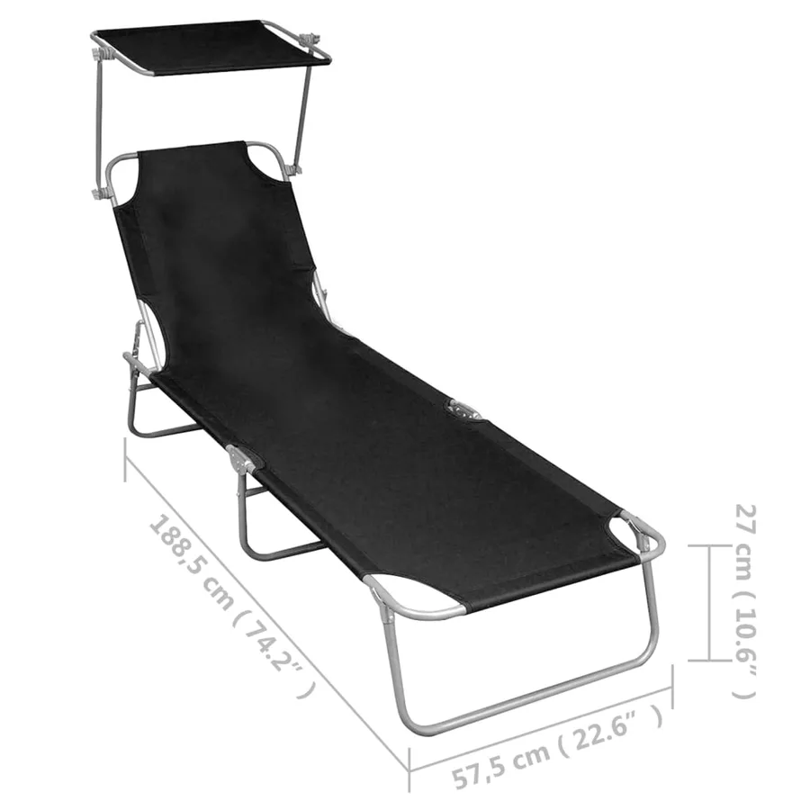 Chaise longue pliable avec auvent Noir Aluminium - 7