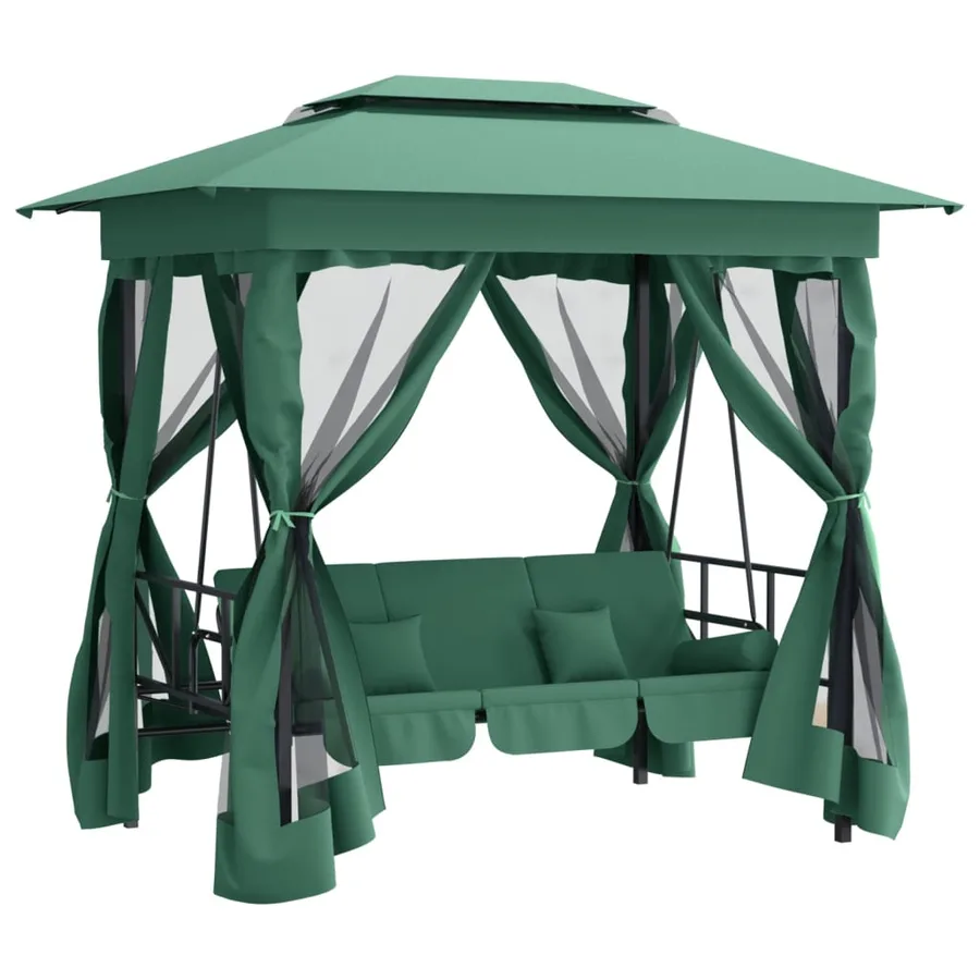 Tonnelle de jardin banc pivotant convertible vert tissu acier - 2