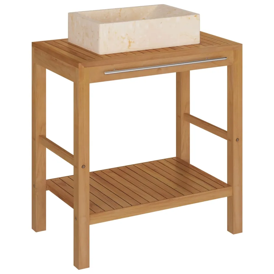 Armoire de toilette en teck solide avec lavabo en marbre Crème - 2