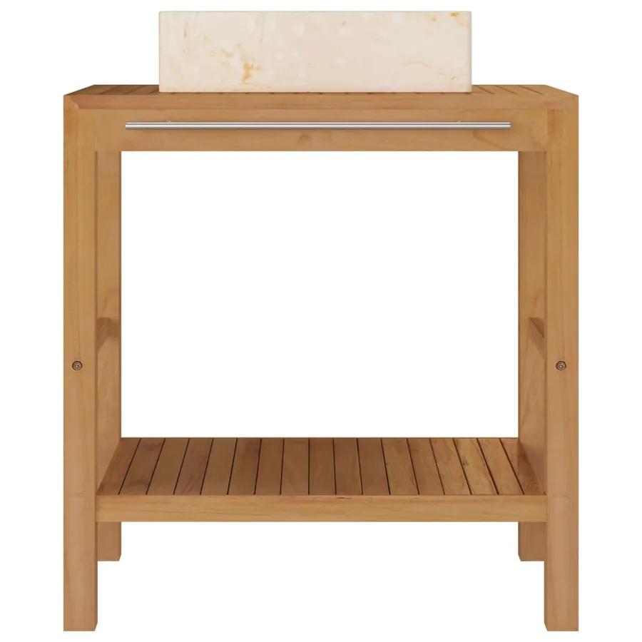 Armoire de toilette en teck solide avec lavabo en marbre Crème - 3