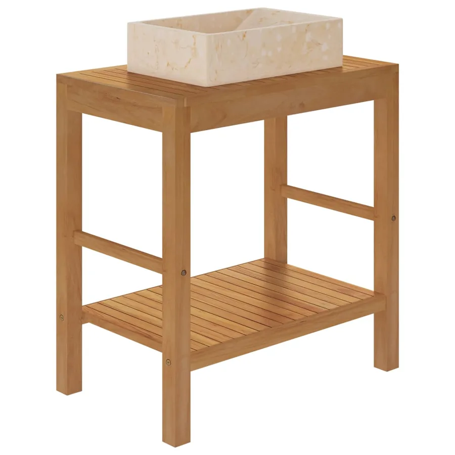 Armoire de toilette en teck solide avec lavabo en marbre Crème - 5