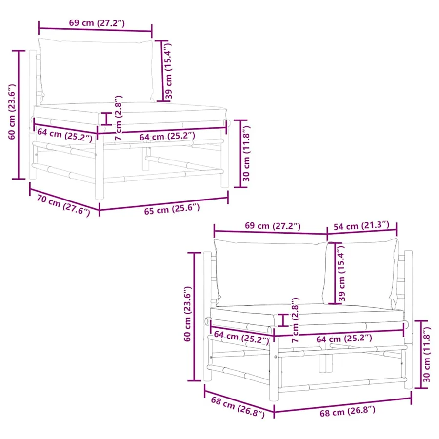 Salon de jardin 2 pcs avec coussins gris foncé Bambou - 9