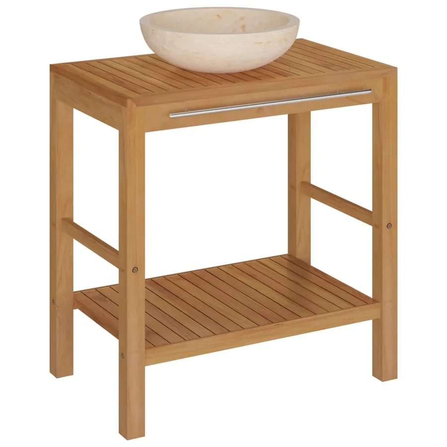 Armoire de toilette en teck solide avec lavabo en marbre Crème - 2