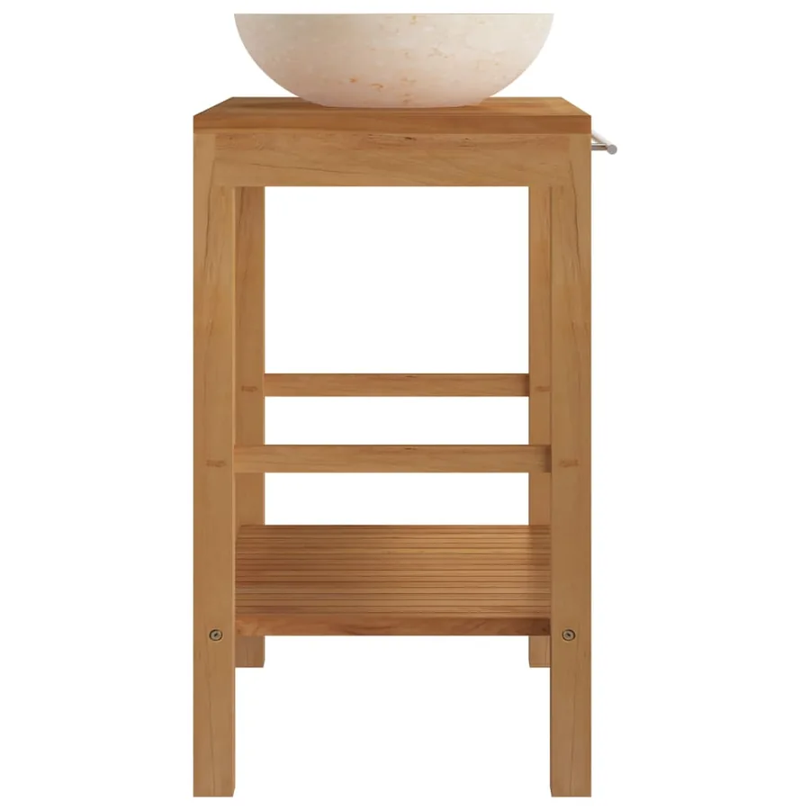 Armoire de toilette en teck solide avec lavabo en marbre Crème - 4