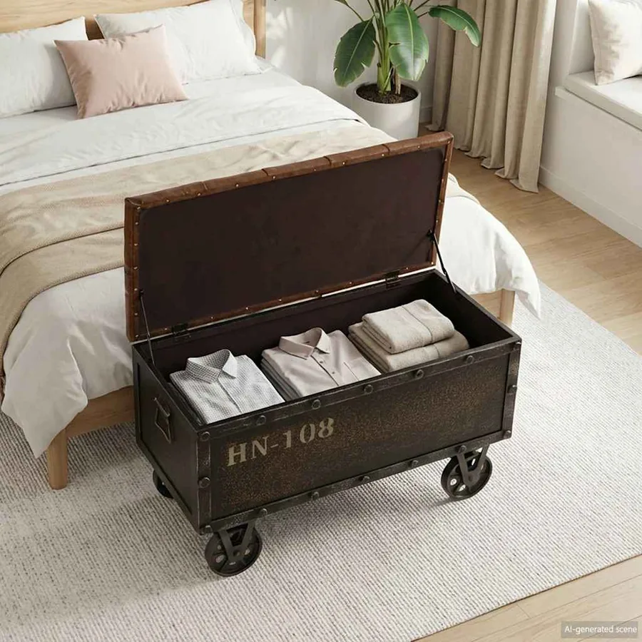 Banc de rangement Bois massif et similicuir 80,5x41x50 cm