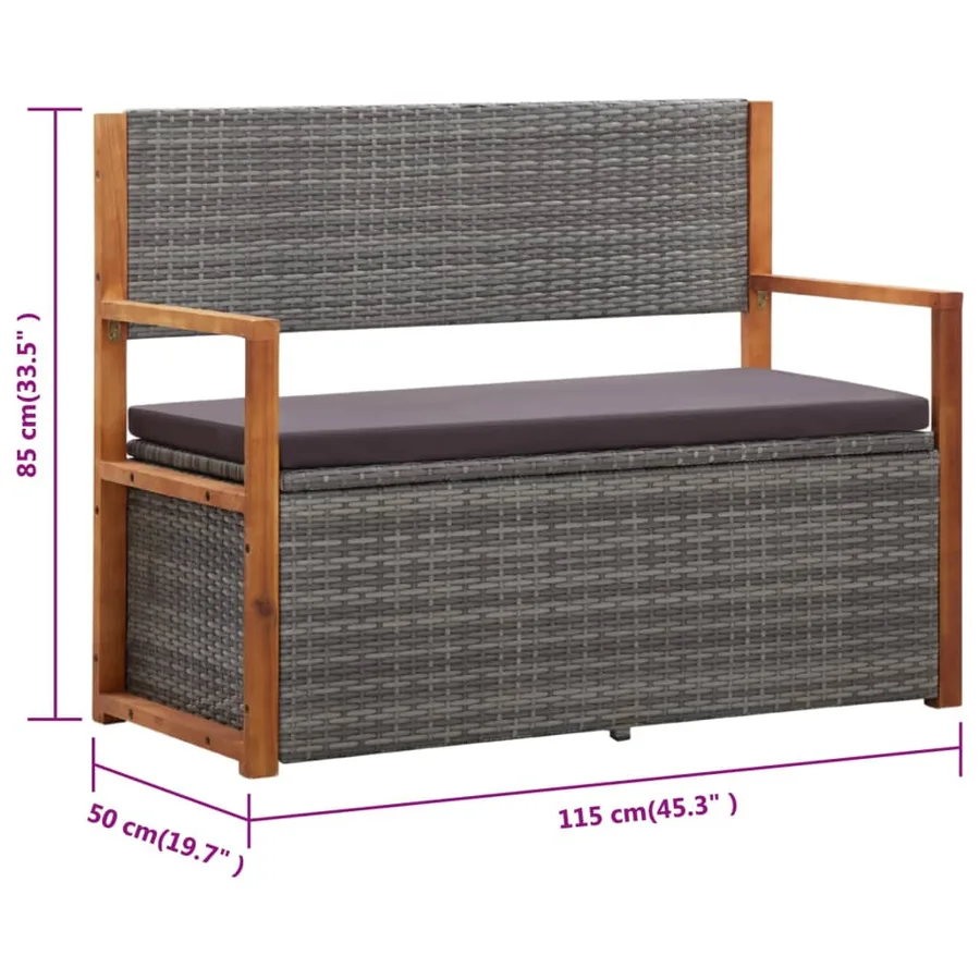 Banc de rangement 115 cm Résine tressée et bois d'acacia Gris - 9