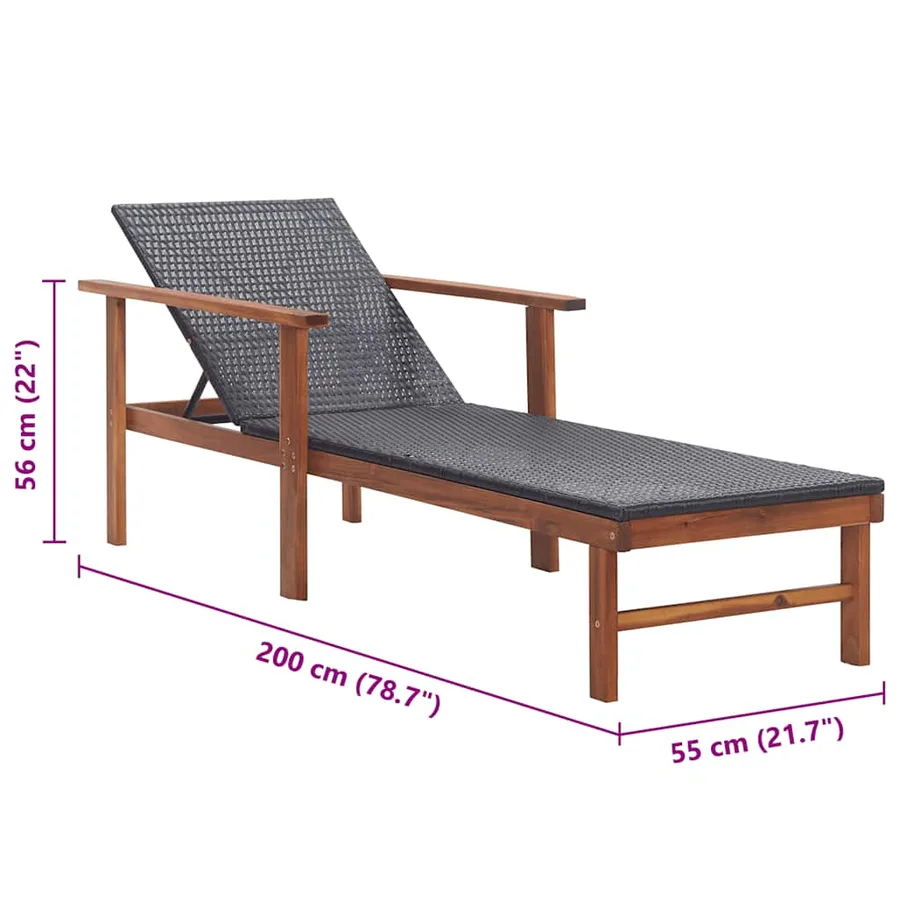 Chaise longue Résine tressée et bois d'acacia massif Noir - 9
