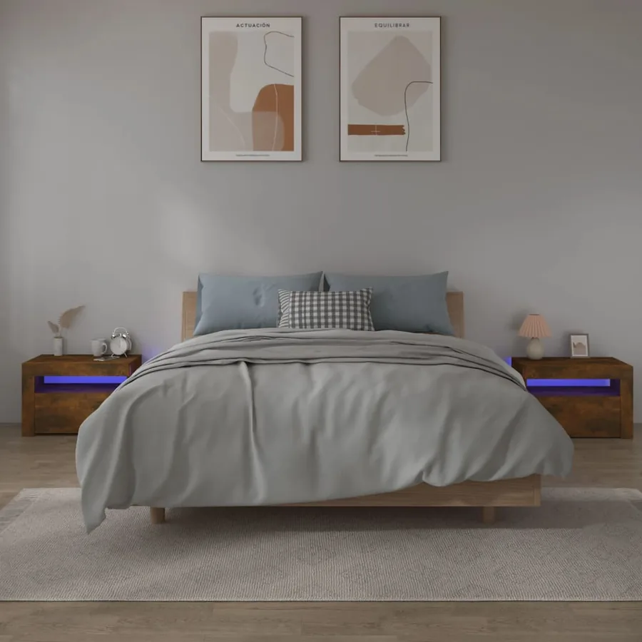 Tables de chevet 2 pcs avec LED chêne fumé 60x35x40 cm