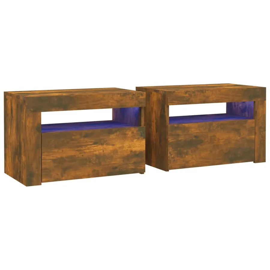 Tables de chevet 2 pcs avec LED chêne fumé 60x35x40 cm - 2