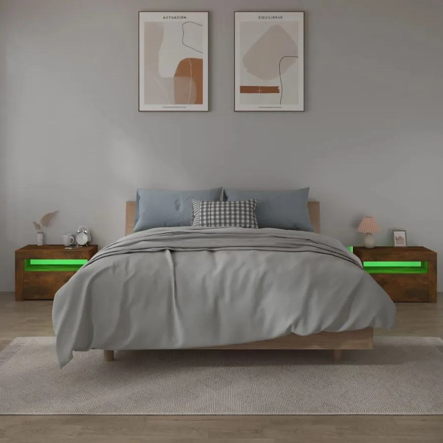 Tables de chevet 2 pcs avec LED chêne fumé 60x35x40 cm - 8
