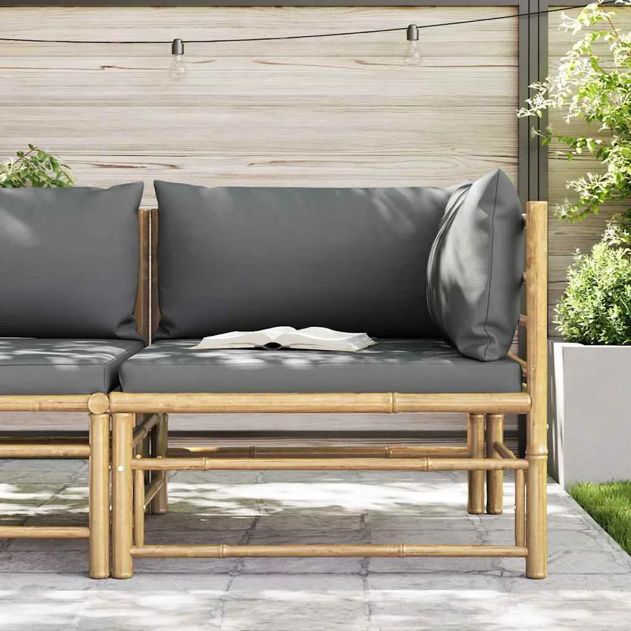 Canapé d'angle de jardin avec coussins gris foncé Bambou - 3