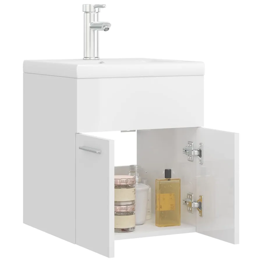 Armoire d'évier lavabo intégré blanc brillant bois d'ingénierie - 4