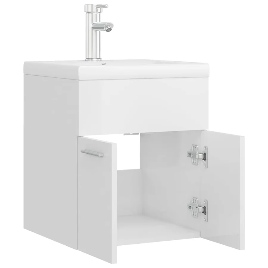 Armoire d'évier lavabo intégré blanc brillant bois d'ingénierie - 7