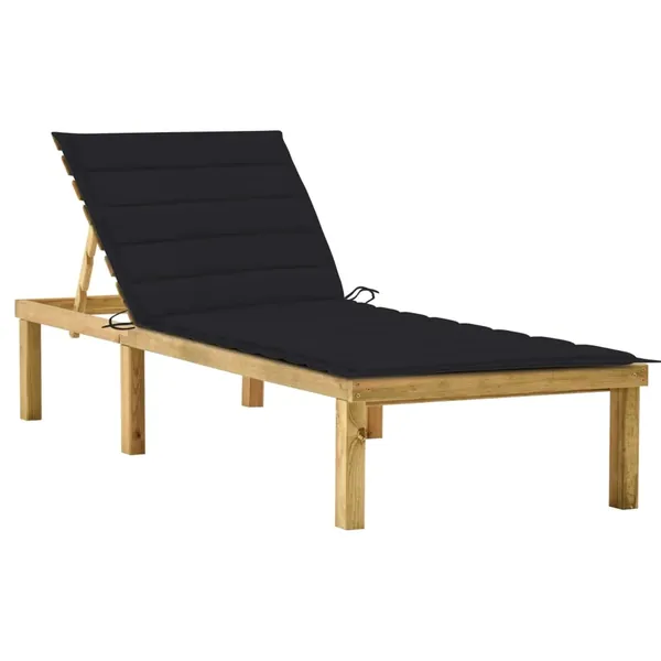 Chaise longue avec coussin noir Bois de pin imprégné