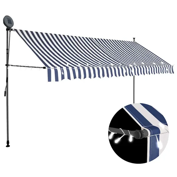 Auvent manuel rétractable avec LED 400 cm Bleu et blanc