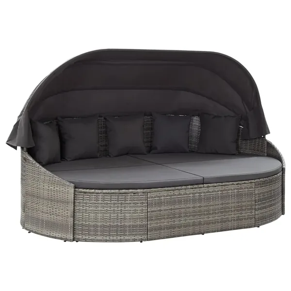 Chaise longue d'extérieur avec auvent Résine tressée Gris