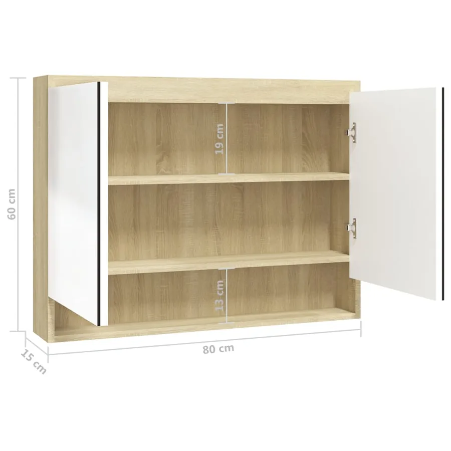 Armoire à miroir de salle de bain 80x15x60cm MDF Blanc et chêne - 8