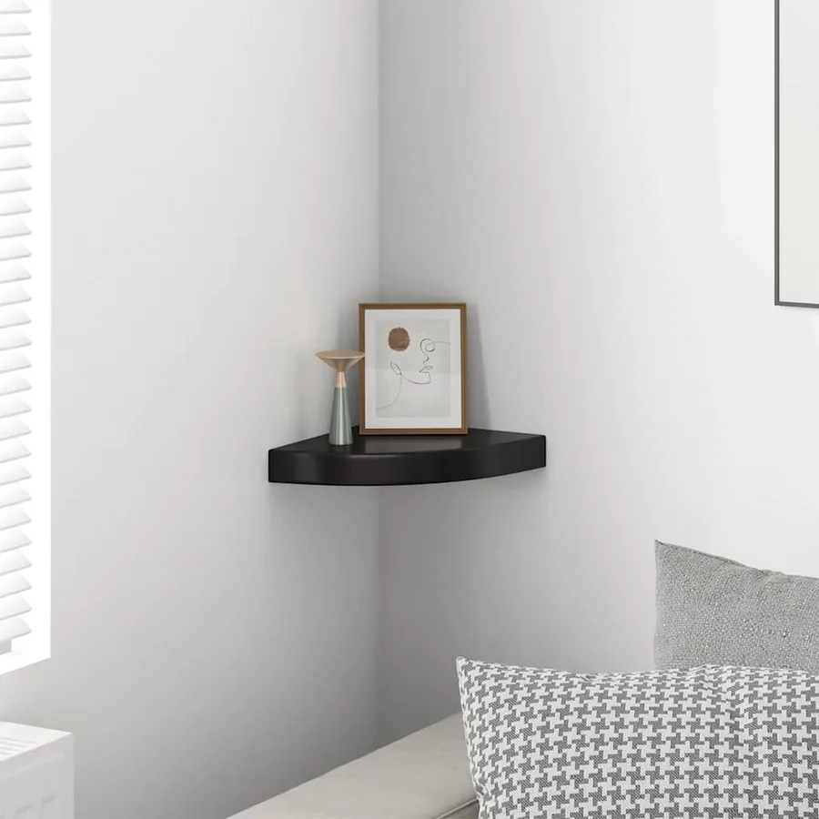 Étagère d'angle flottante noir brillant 25x25x3,8 cm MDF