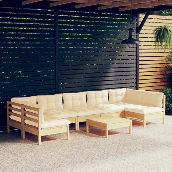 Salon de jardin 8 pcs avec coussins crème Bois de pin massif