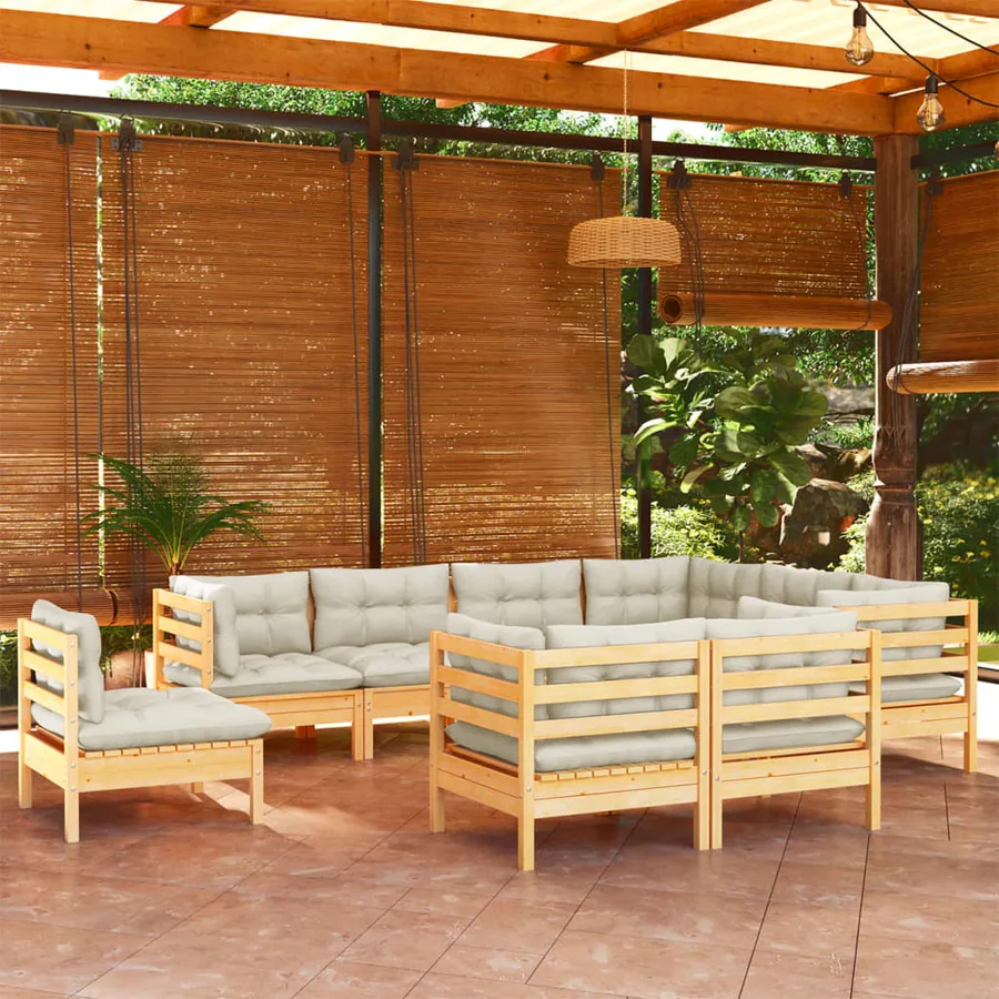 Salon de jardin 9 pcs avec coussins crème bois de pin massif