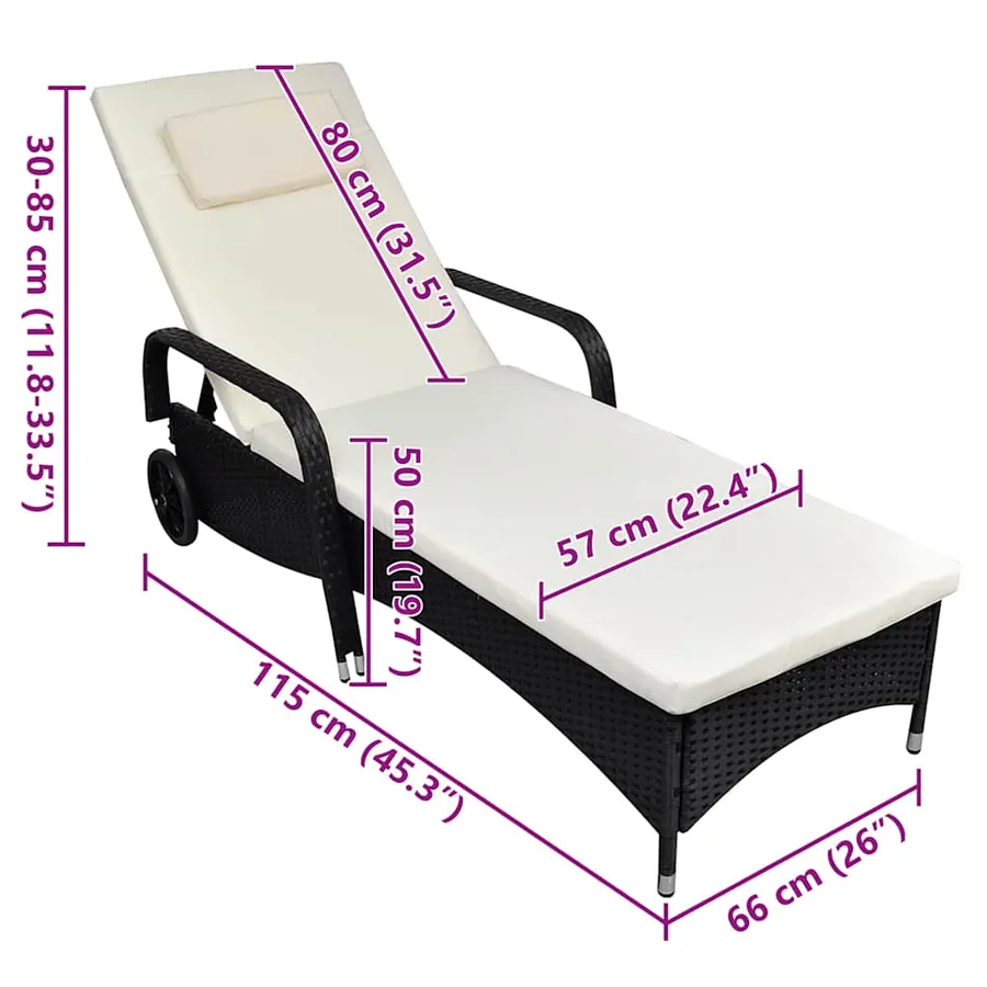Chaise longue avec coussin et roues Résine tressée Noir - 10