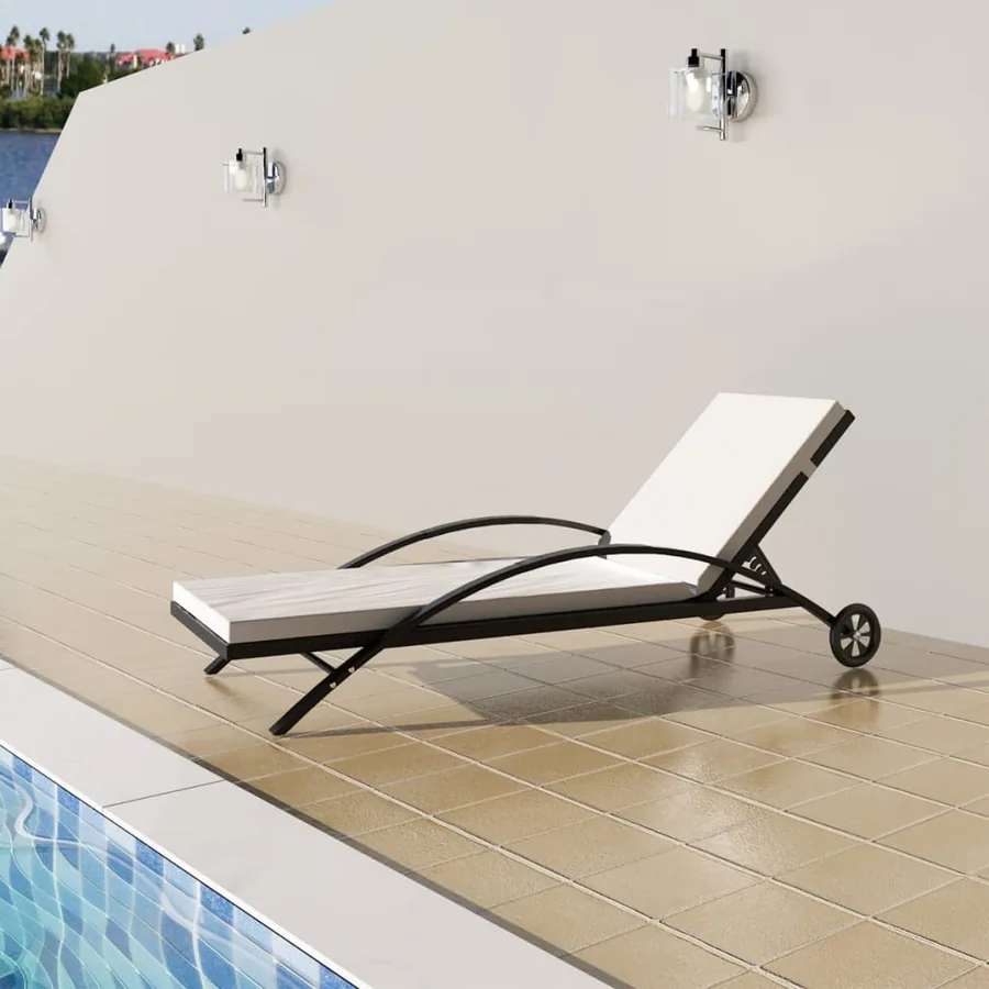 Chaise longue avec coussin et roues Résine tressée Noir - 19